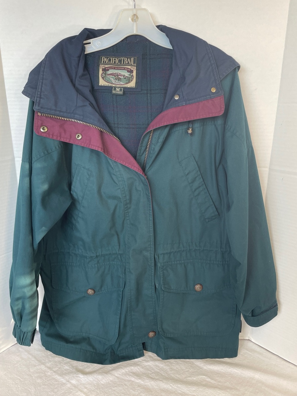 VTG Pacific Trail Parka Jacket Mens M Teal Hooded, Plaid Lining, Warm, Well Made
